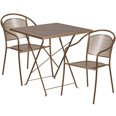 Oia Commercial Grade 28" Square Indoor-Outdoor Steel Folding Patio Table Set with 2 Round Back Chairs - View 1