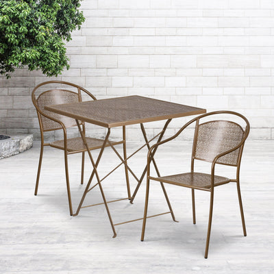 Oia Commercial Grade 28" Square Indoor-Outdoor Steel Folding Patio Table Set with 2 Round Back Chairs - View 2
