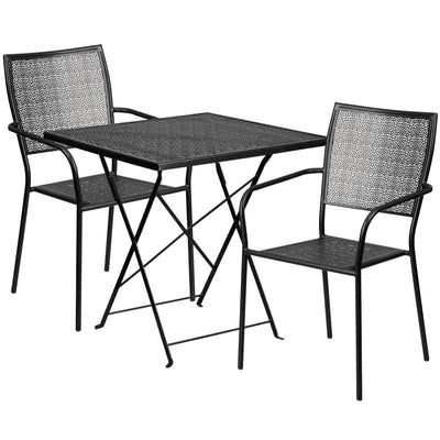 Oia Commercial Grade 28" Square Indoor-Outdoor Steel Folding Patio Table Set with 2 Square Back Chairs - View 1
