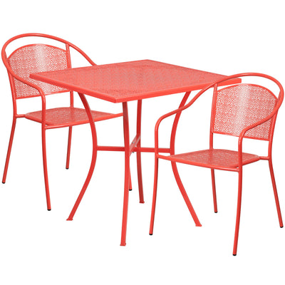 Oia Commercial Grade 28" Square Indoor-Outdoor Steel Patio Table Set with 2 Round Back Chairs - View 1
