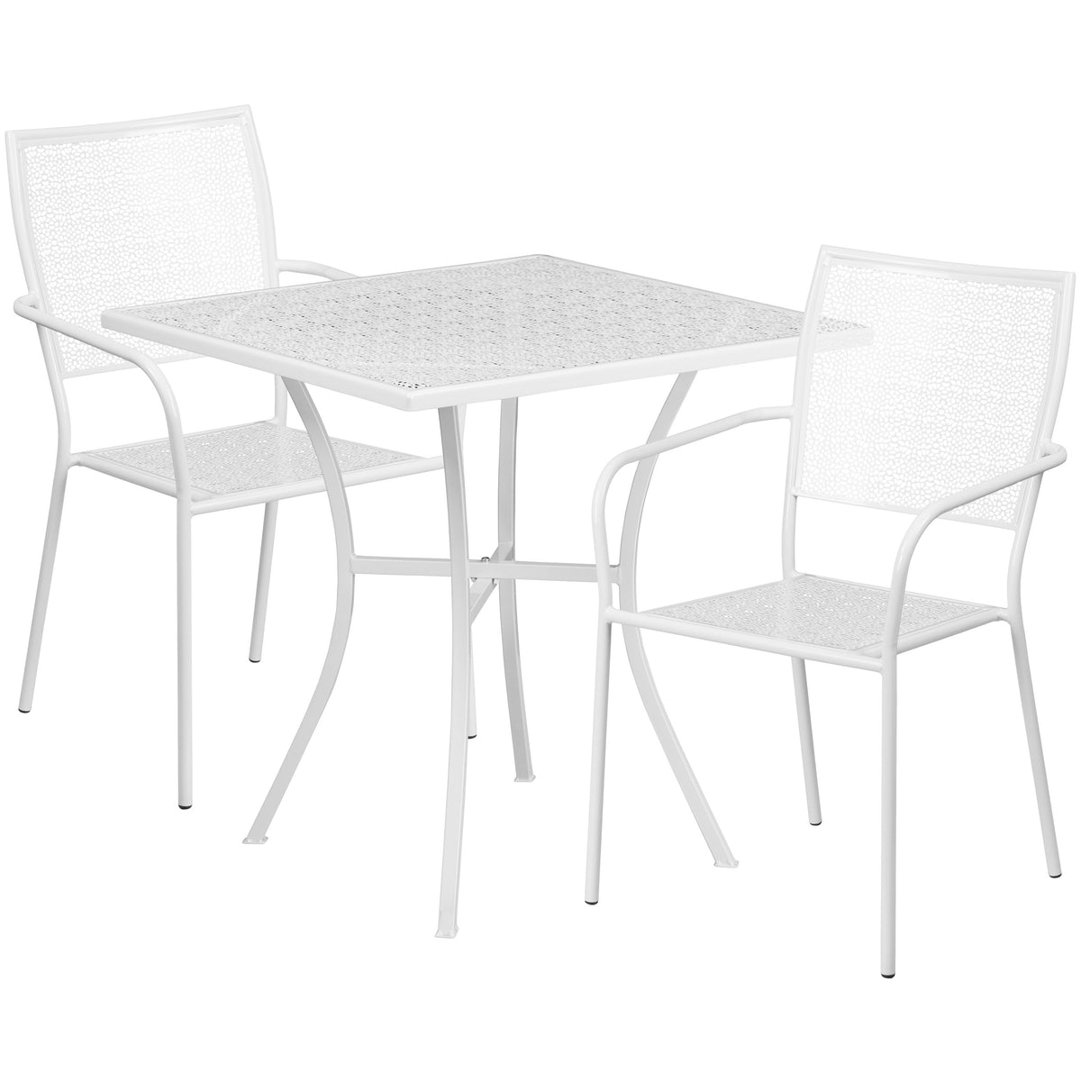 White |#| 28inch Square White Indoor-Outdoor Steel Patio Table Set with 2 Square Back Chairs