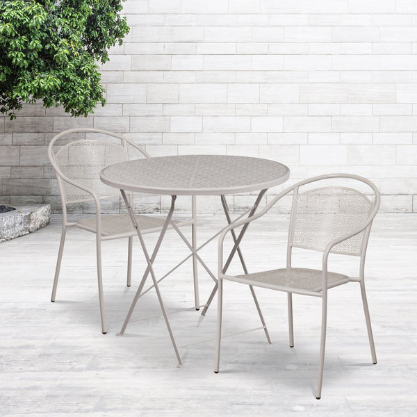 Light Gray |#| 30inch Round Light Gray Indoor-Outdoor Steel Folding Patio Table Set with 2 Chairs