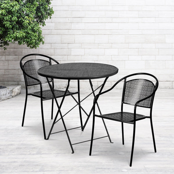 Black |#| 30inch Round Black Indoor-Outdoor Steel Folding Patio Table Set with 2 Chairs