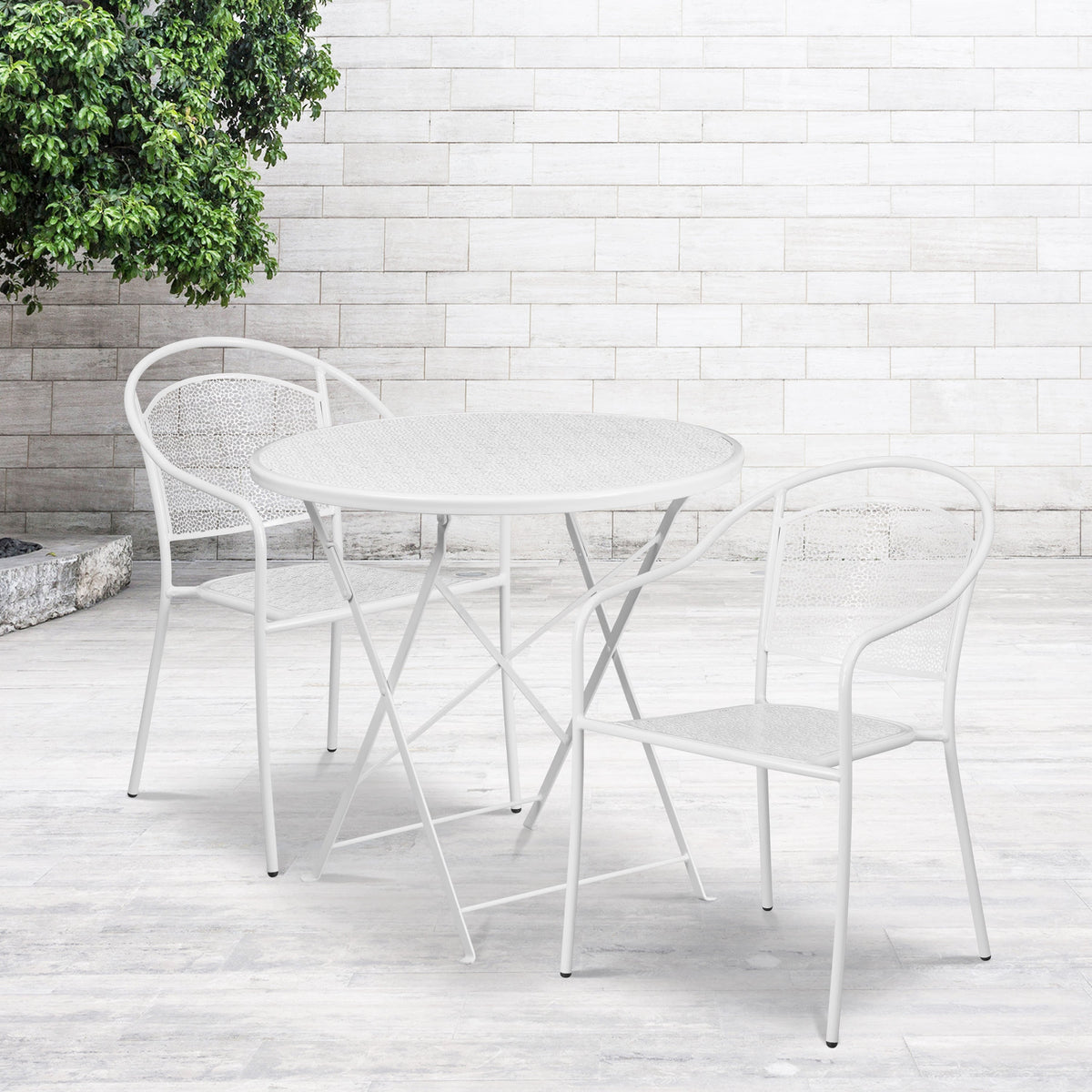 White |#| 30inch Round White Indoor-Outdoor Steel Folding Patio Table Set with 2 Chairs