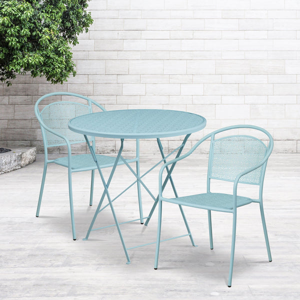 Sky Blue |#| 30inch Round Sky Blue Indoor-Outdoor Steel Folding Patio Table Set with 2 Chairs