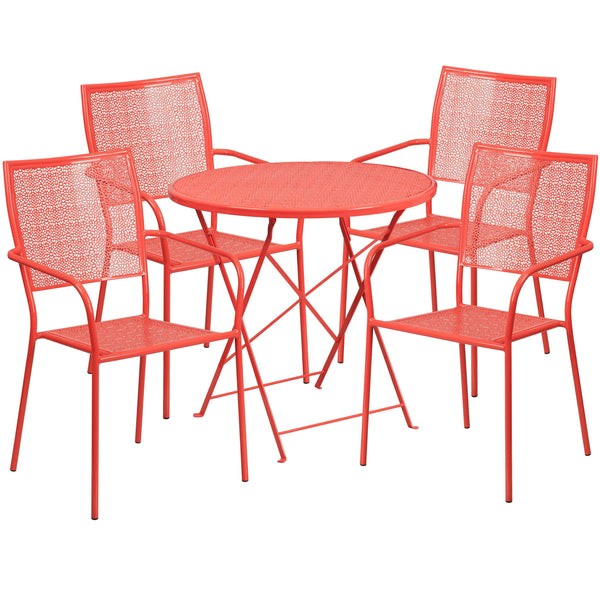 Coral |#| 30inch Round Coral Indoor-Outdoor Steel Folding Patio Table Set with 4 Chairs