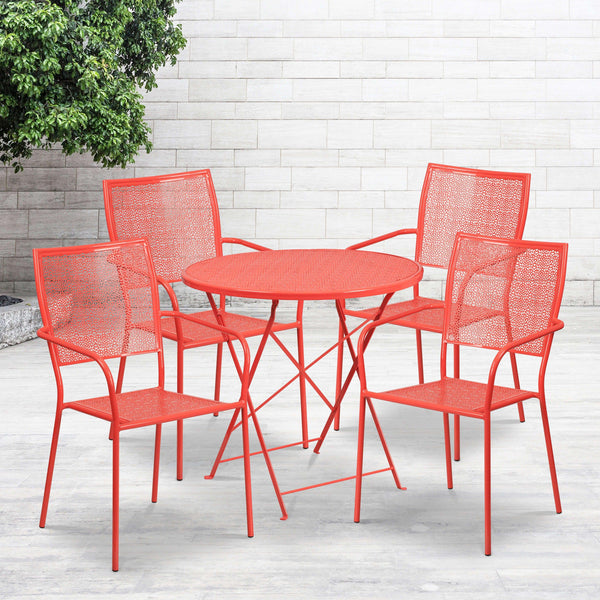 Coral |#| 30inch Round Coral Indoor-Outdoor Steel Folding Patio Table Set with 4 Chairs