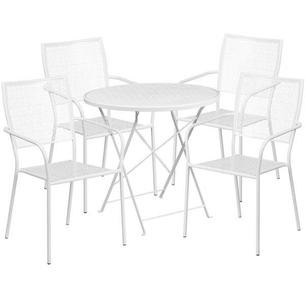 White |#| 30inch Round White Indoor-Outdoor Steel Folding Patio Table Set with 4 Chairs