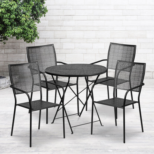 Black |#| 30inch Round Black Indoor-Outdoor Steel Folding Patio Table Set with 4 Chairs