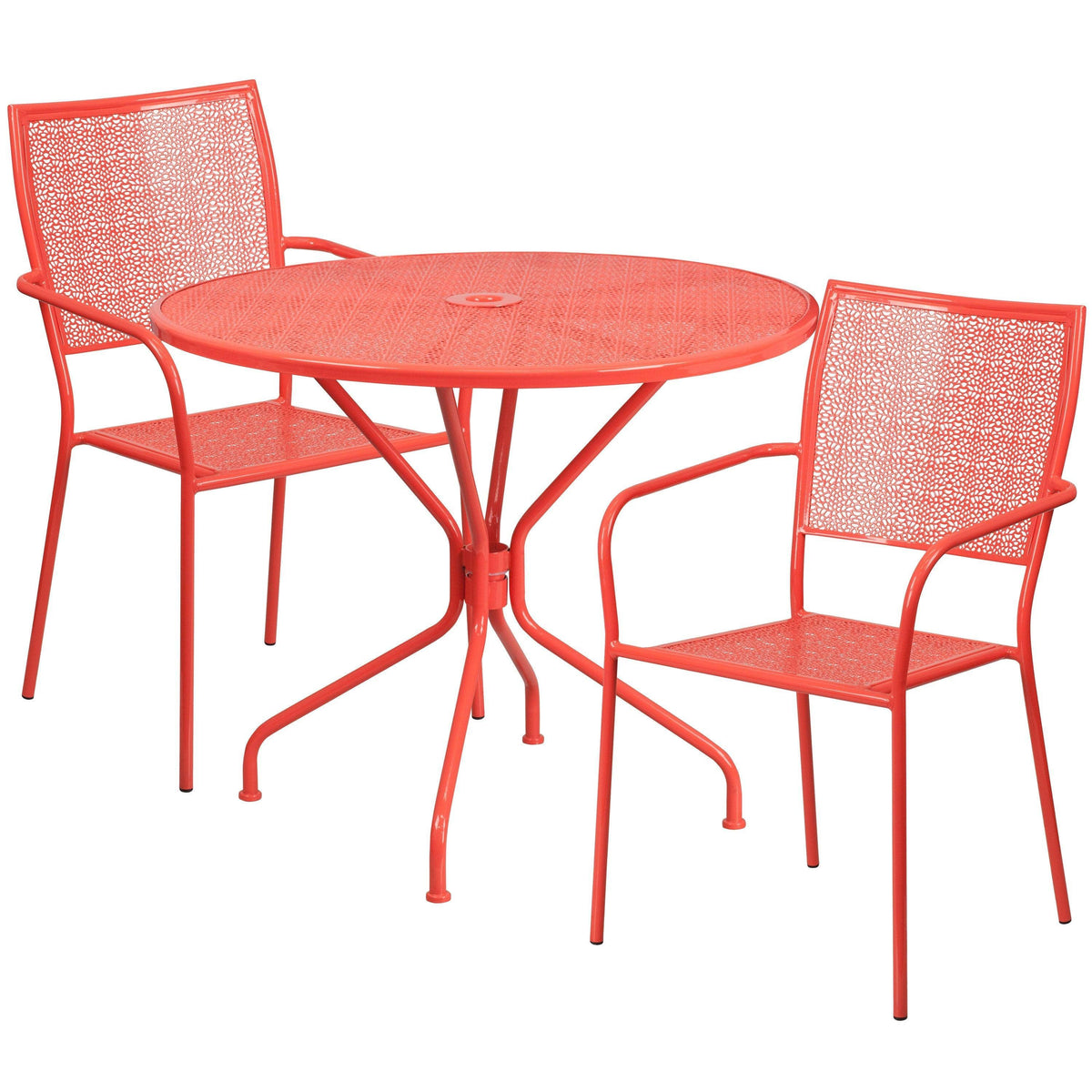 Coral |#| 35.25inch Round Coral Indoor-Outdoor Steel Patio Table Set w/ 2 Square Back Chairs