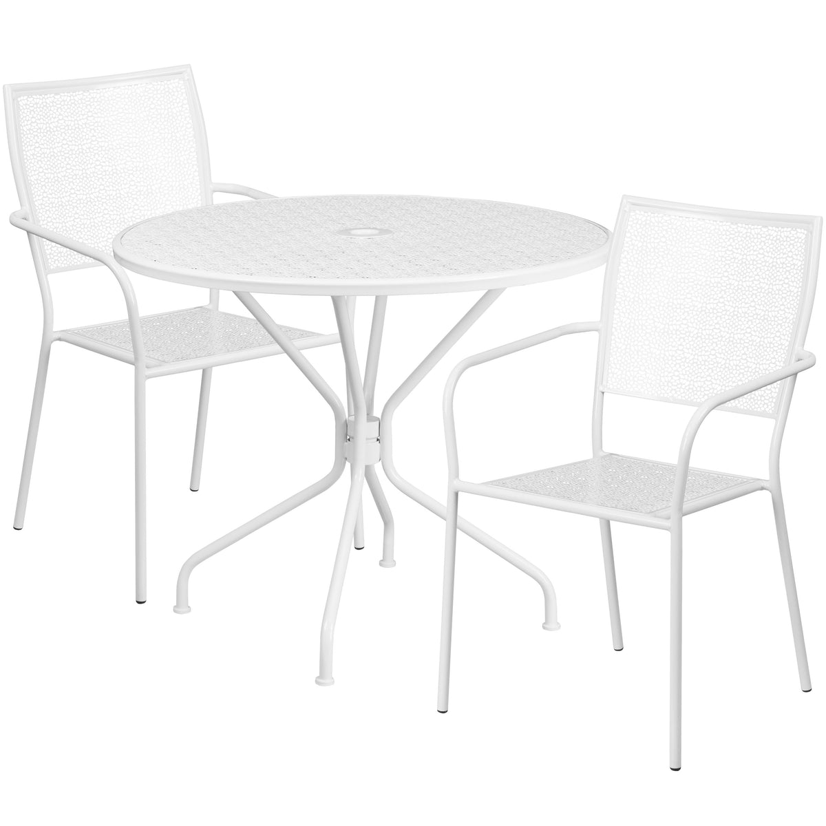 White |#| 35.25inch Round White Indoor-Outdoor Steel Patio Table Set w/ 2 Square Back Chairs