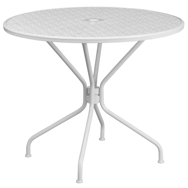 White |#| 35.25inch Round White Indoor-Outdoor Steel Patio Table Set w/ 2 Square Back Chairs