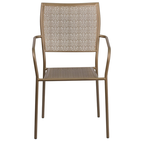 Gold |#| Gold Indoor-Outdoor Steel Patio Arm Chair with Square Back - Bistro Chair