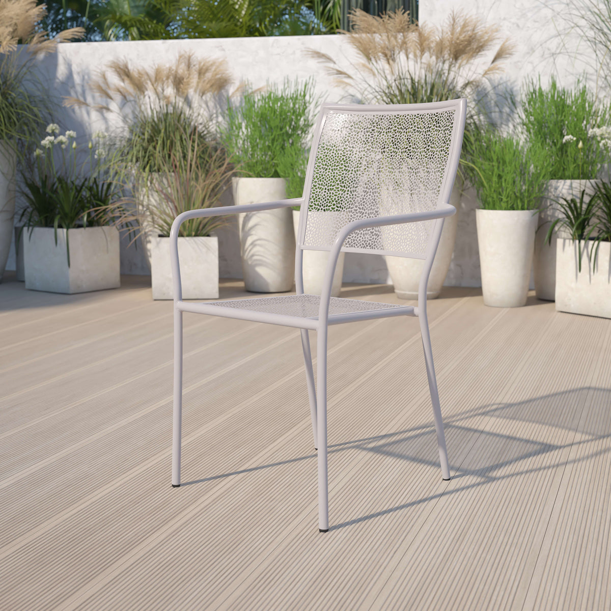 Light Gray |#| Light Gray Indoor-Outdoor Steel Patio Arm Chair with Square Back - Bistro Chair