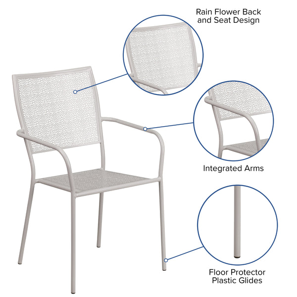 Light Gray |#| Light Gray Indoor-Outdoor Steel Patio Arm Chair with Square Back - Bistro Chair