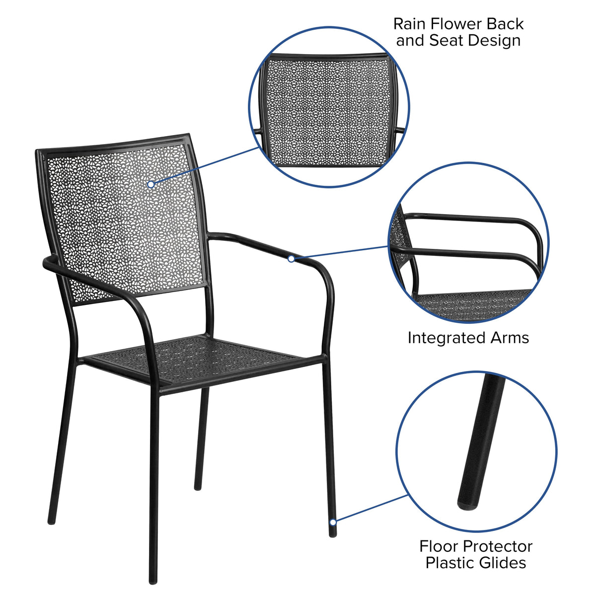 Black |#| Black Indoor-Outdoor Steel Patio Arm Chair with Square Back - Bistro Chair