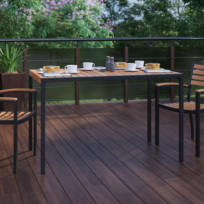 Outdoor Dining Table with Synthetic Teak Poly Slats - Steel Framed Restaurant Table with Umbrella Holder Hole