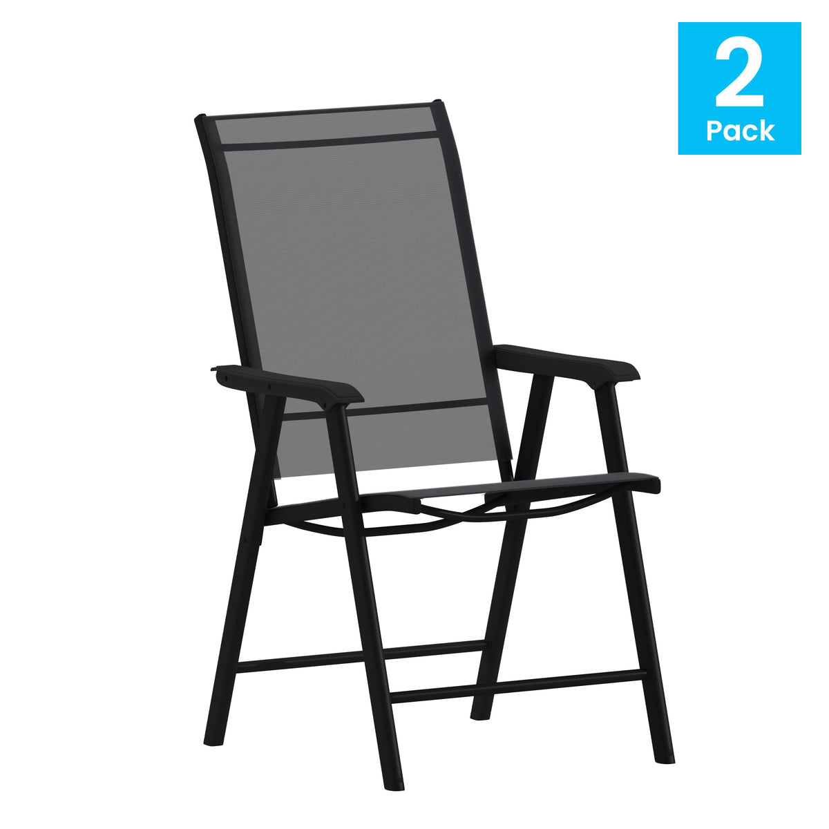 Black |#| Portable Black Outdoor Folding Patio Sling Chair with Black Frame - Set of 2