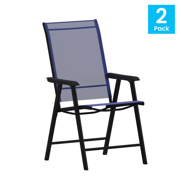 Navy |#| Portable Navy Outdoor Folding Patio Sling Chair with Black Frame - Set of 2