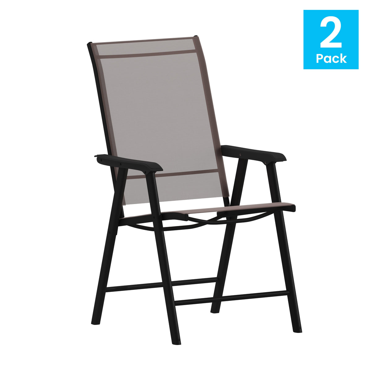 Brown |#| Portable Brown Outdoor Folding Patio Sling Chair with Black Frame - Set of 2