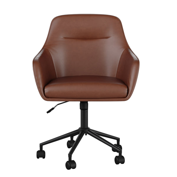 Saddle Brown Faux Leather/Oil Rubbed Bronze |#| Faux Leather Swivel Home Office Chair with Flared Arms-Saddle Brown/Oil Bronze