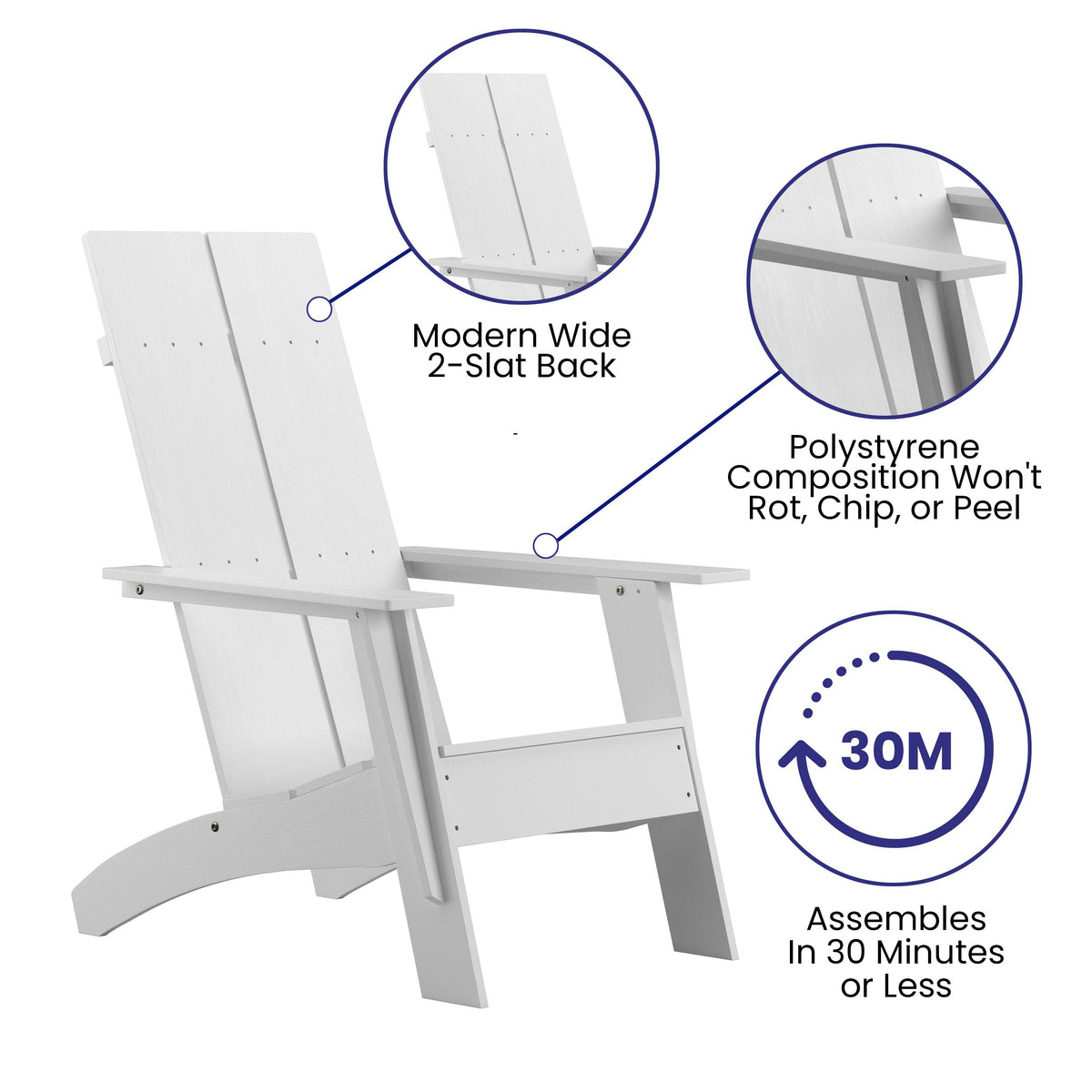 White |#| White Modern Dual Slat Back Indoor/Outdoor Adirondack Style Patio Chair