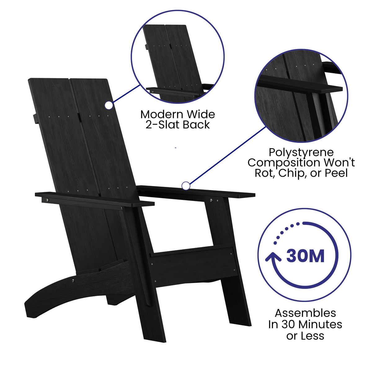 Black |#| Black Modern Dual Slat Back Indoor/Outdoor Adirondack Style Patio Chair