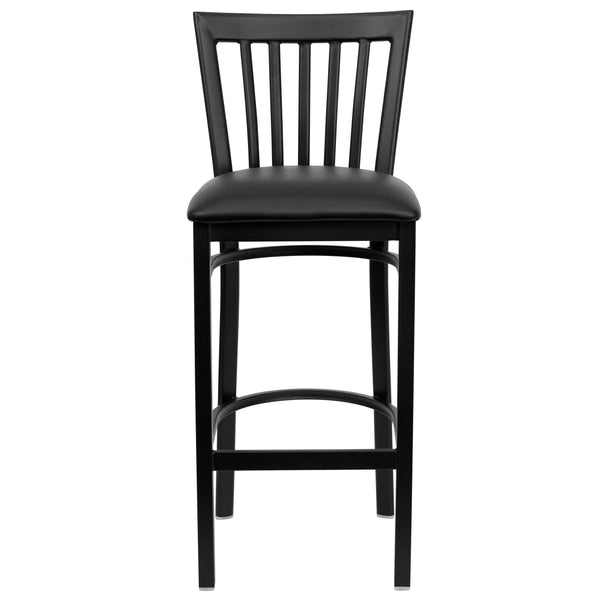 Black Vinyl Seat/Black Metal Frame |#| Black School House Back Metal Restaurant Barstool - Black Vinyl Seat