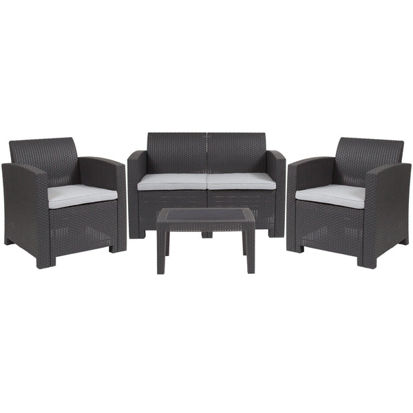 Dark Gray |#| 4 Piece Outdoor Faux Rattan Chair, Loveseat and Table Set in Dark Gray