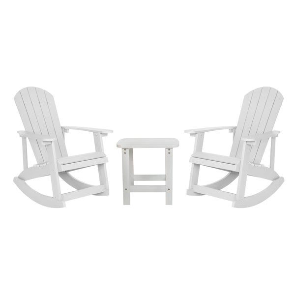 White |#| Set of 2 Poly Resin Adirondack Rocking Chairs with 1 Side Table in White