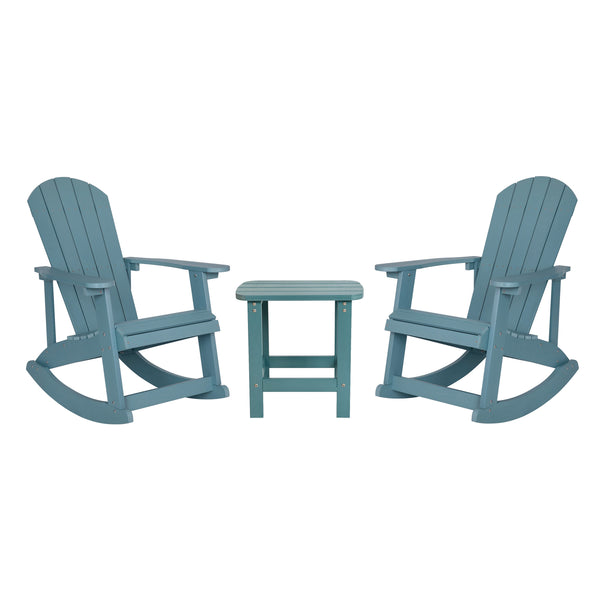 Sea Foam |#| Set of 2 Poly Resin Adirondack Rocking Chairs with 1 Side Table in Sea Foam