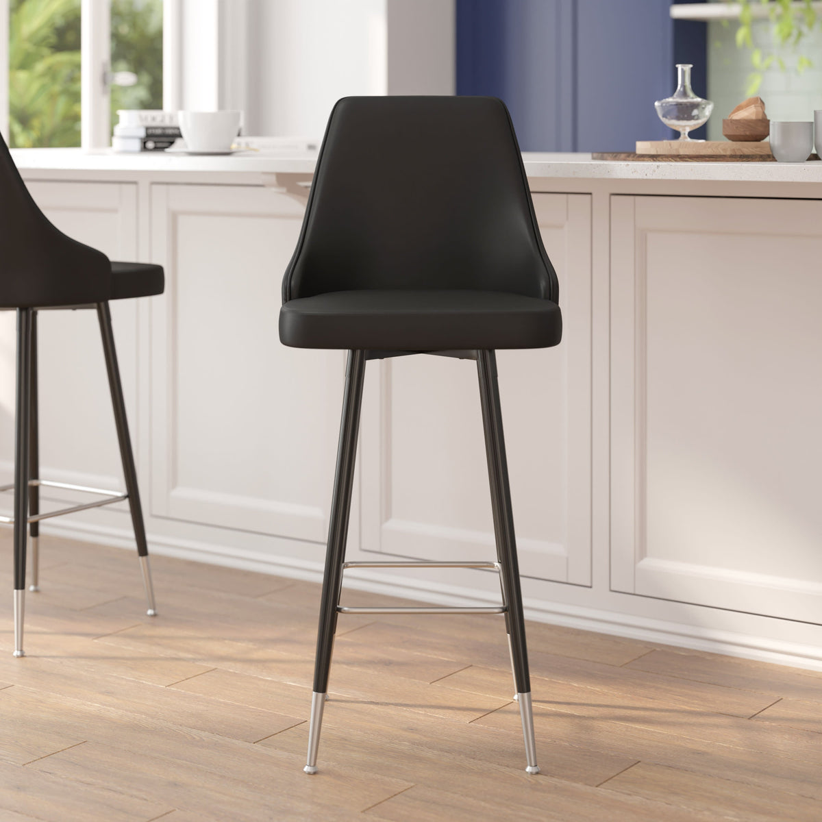 Black |#| Commercial Black LeatherSoft Bar Height Stools with Chrome Accents - 2 Pack