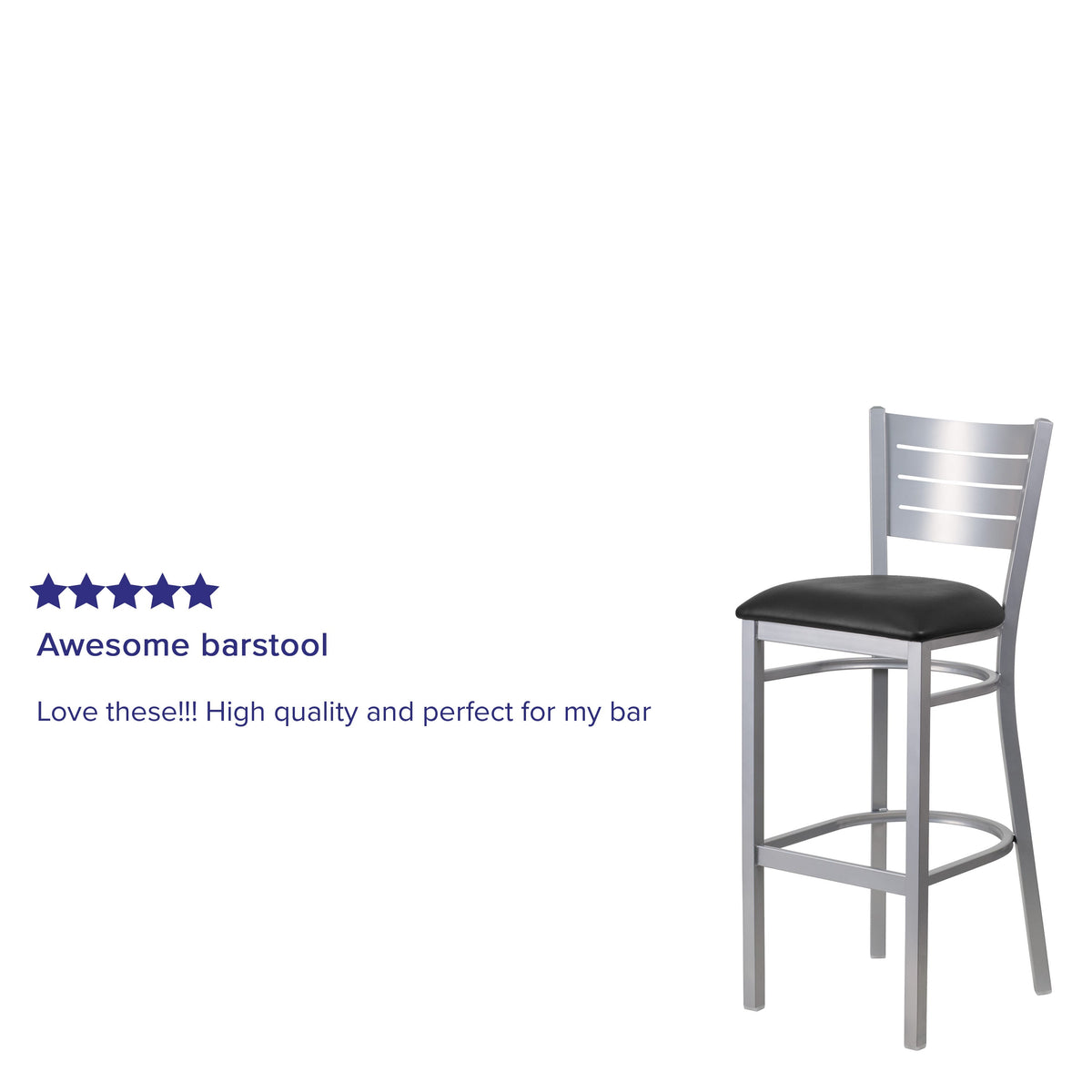 Black Vinyl Seat/Silver Frame |#| Silver Slat Back Metal Restaurant Barstool - Black Vinyl Seat