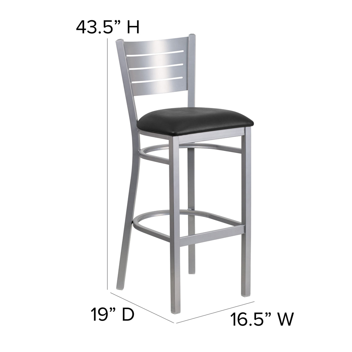 Black Vinyl Seat/Silver Frame |#| Silver Slat Back Metal Restaurant Barstool - Black Vinyl Seat