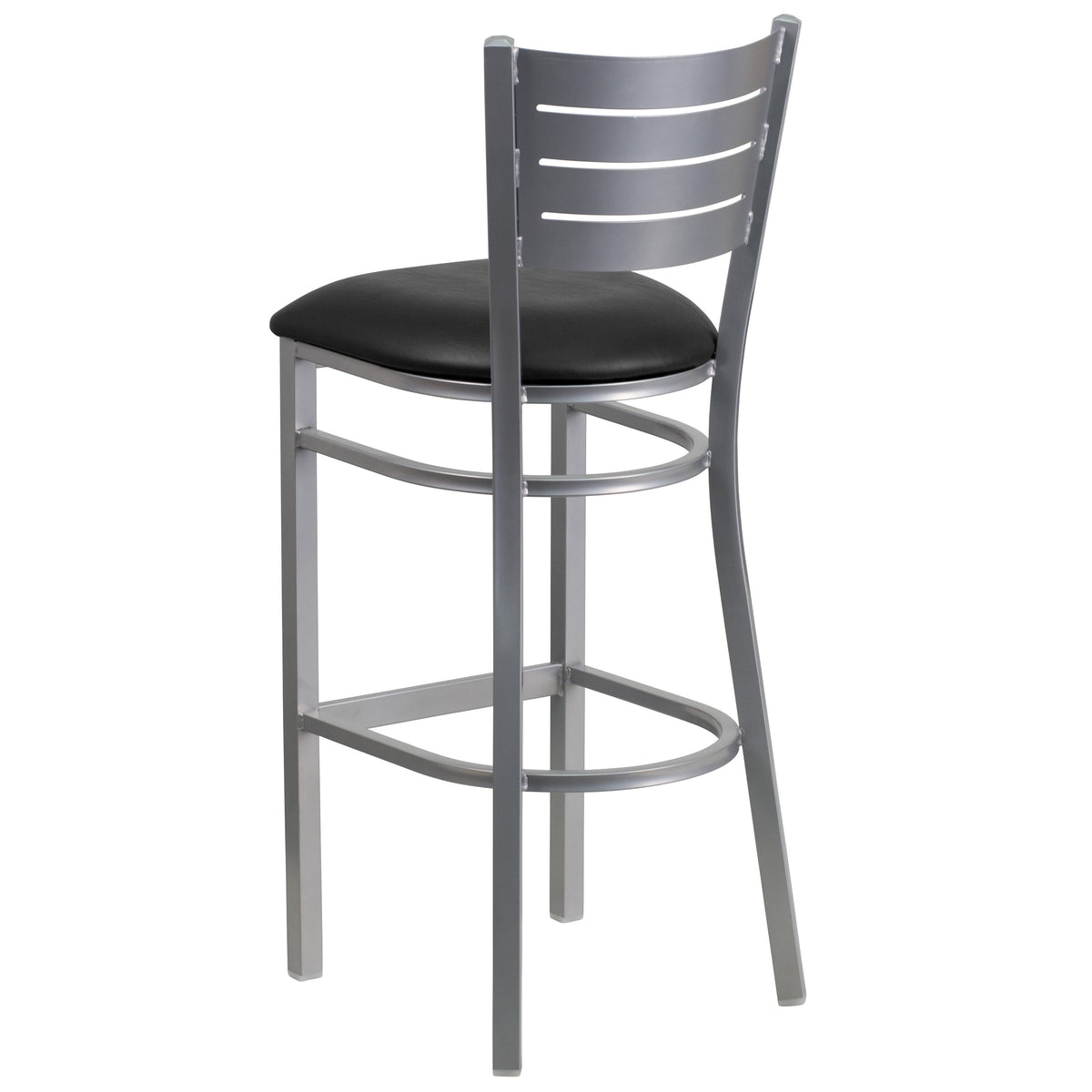 Black Vinyl Seat/Silver Frame |#| Silver Slat Back Metal Restaurant Barstool - Black Vinyl Seat