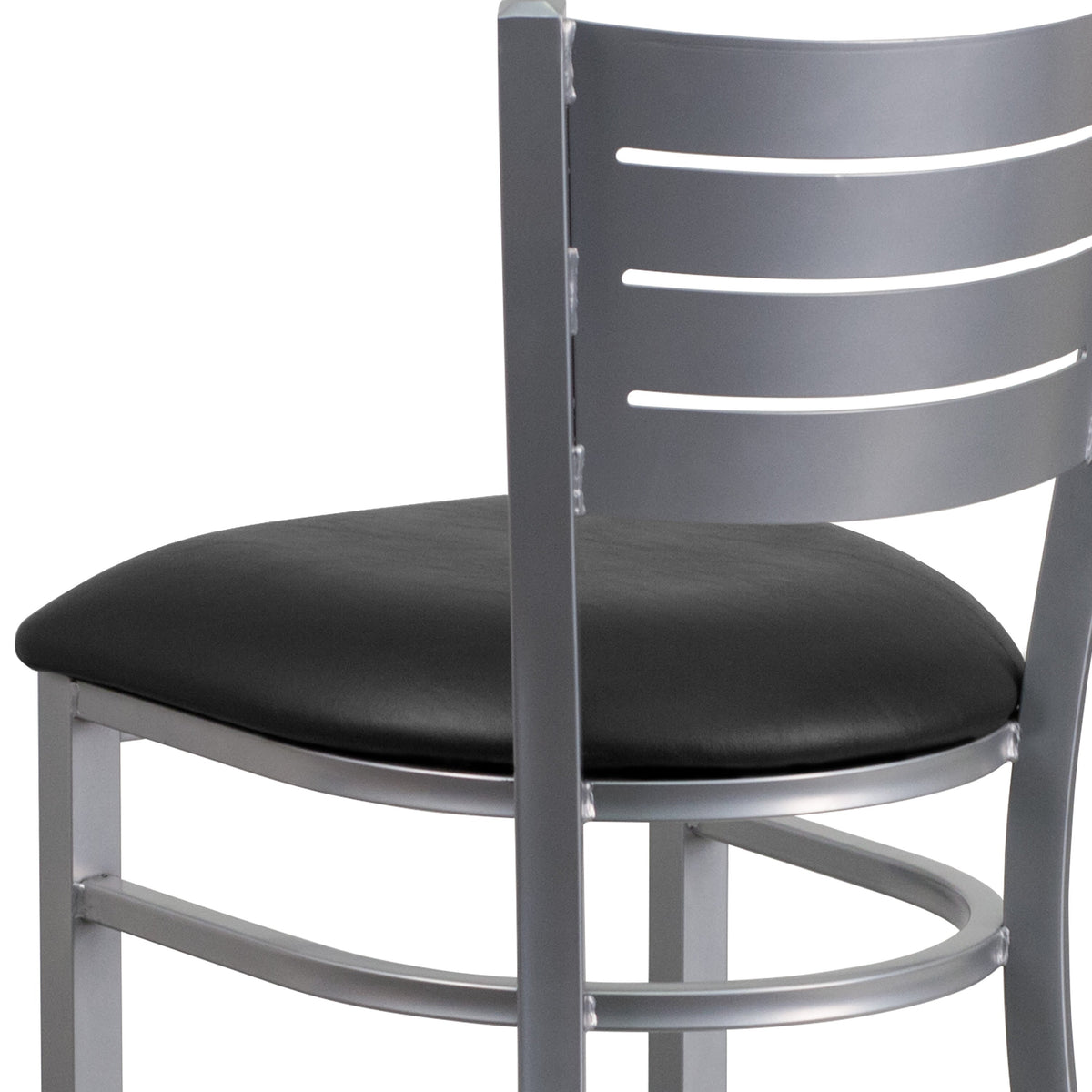 Black Vinyl Seat/Silver Frame |#| Silver Slat Back Metal Restaurant Barstool - Black Vinyl Seat