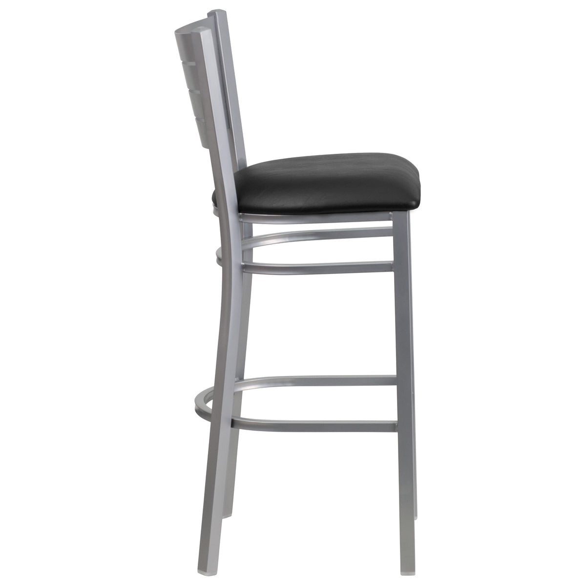 Black Vinyl Seat/Silver Frame |#| Silver Slat Back Metal Restaurant Barstool - Black Vinyl Seat