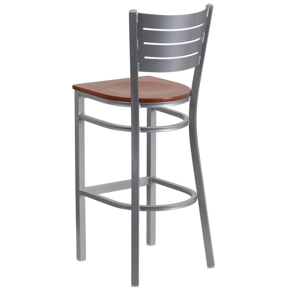 Cherry Wood Seat/Silver Frame |#| Silver Slat Back Metal Restaurant Barstool - Cherry Wood Seat