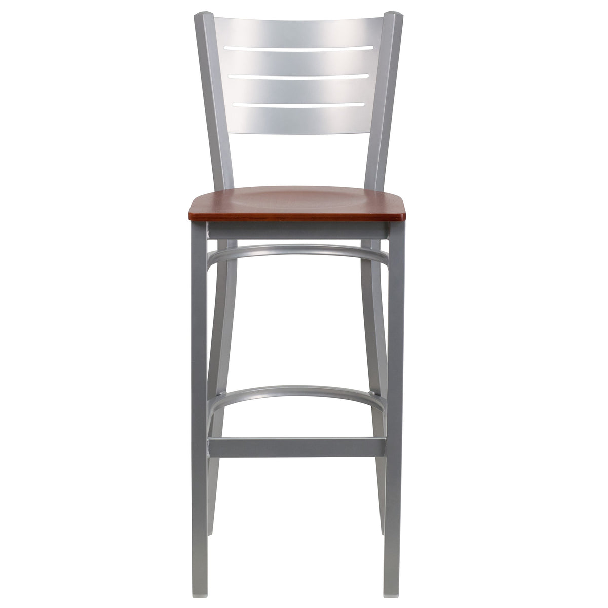 Cherry Wood Seat/Silver Frame |#| Silver Slat Back Metal Restaurant Barstool - Cherry Wood Seat