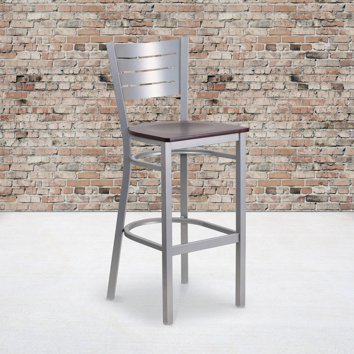 Mahogany Wood Seat/Silver Frame |#| Silver Slat Back Metal Restaurant Barstool - Mahogany Wood Seat