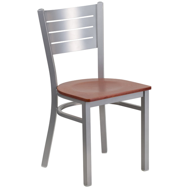 Cherry Wood Seat/Silver Frame |#| Silver Slat Back Metal Restaurant Chair - Cherry Wood Seat