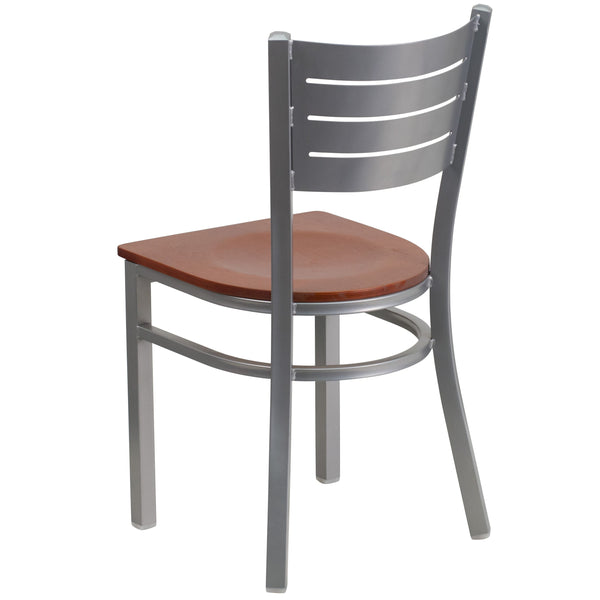 Cherry Wood Seat/Silver Frame |#| Silver Slat Back Metal Restaurant Chair - Cherry Wood Seat