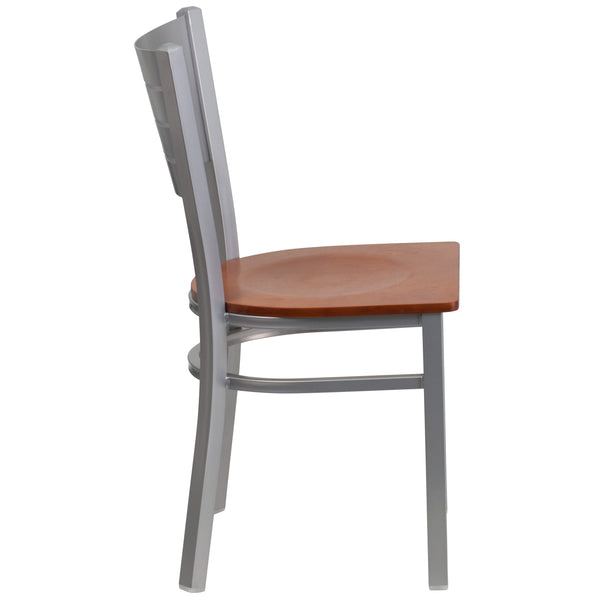 Cherry Wood Seat/Silver Frame |#| Silver Slat Back Metal Restaurant Chair - Cherry Wood Seat