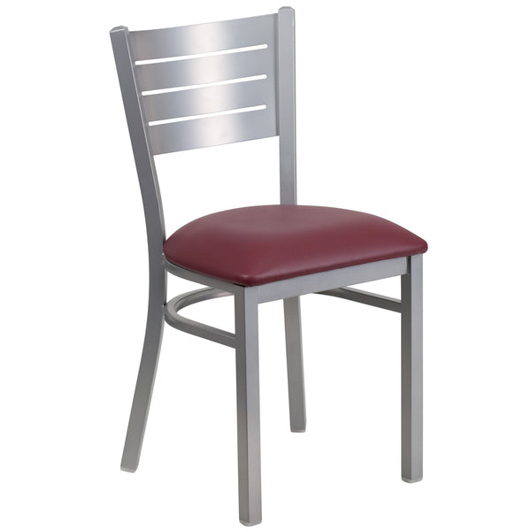 Burgundy Vinyl Seat/Silver Frame |#| Silver Slat Back Metal Restaurant Chair - Burgundy Vinyl Seat