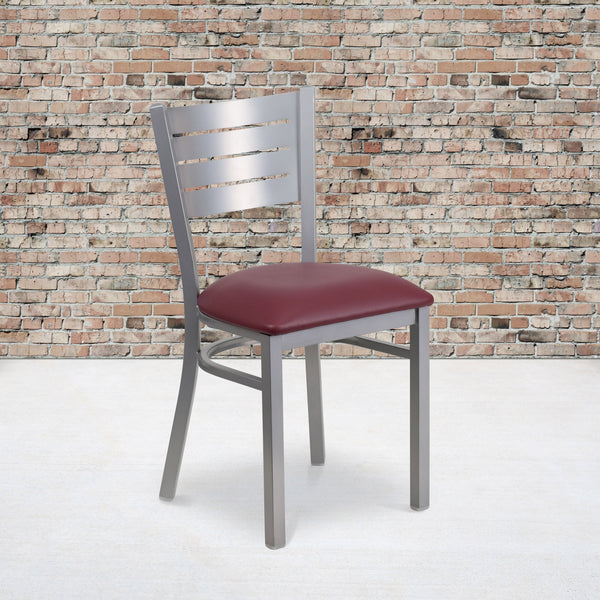 Burgundy Vinyl Seat/Silver Frame |#| Silver Slat Back Metal Restaurant Chair - Burgundy Vinyl Seat