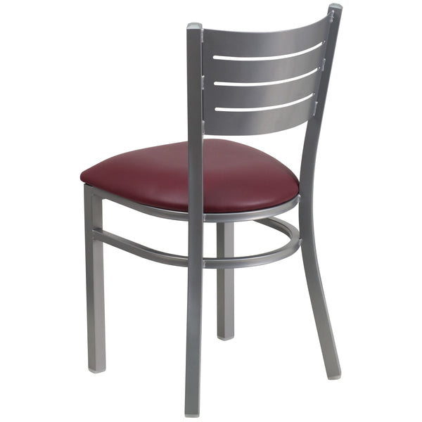 Burgundy Vinyl Seat/Silver Frame |#| Silver Slat Back Metal Restaurant Chair - Burgundy Vinyl Seat