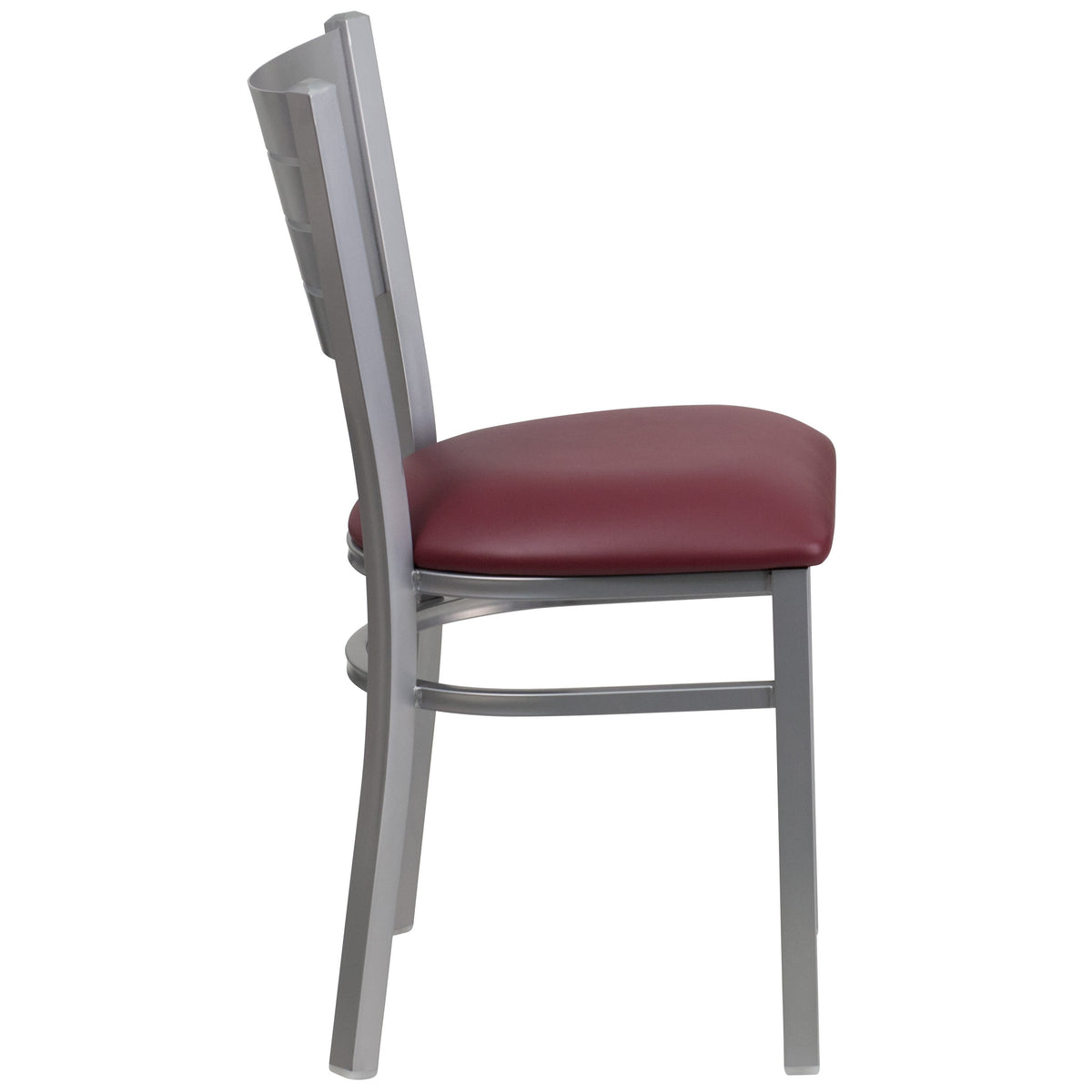 Burgundy Vinyl Seat/Silver Frame |#| Silver Slat Back Metal Restaurant Chair - Burgundy Vinyl Seat