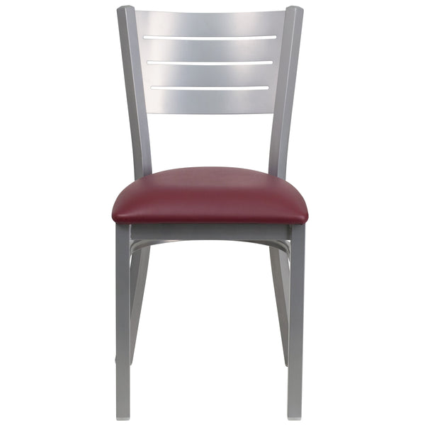 Burgundy Vinyl Seat/Silver Frame |#| Silver Slat Back Metal Restaurant Chair - Burgundy Vinyl Seat