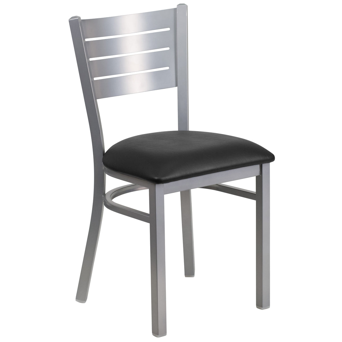 Black Vinyl Seat/Silver Frame |#| Silver Slat Back Metal Restaurant Chair - Black Vinyl Seat