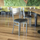 Black Vinyl Seat/Silver Frame |#| Silver Slat Back Metal Restaurant Chair - Black Vinyl Seat